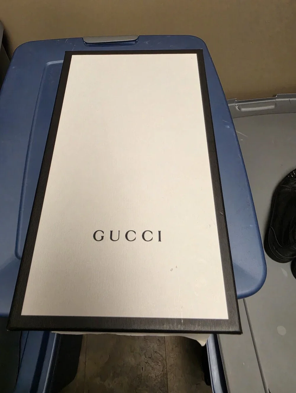 Gucci Men’s Black Leather New Ace Sneakers with Red Heel and Beige Branded Strap